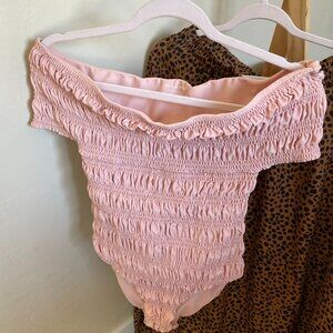 Aila Blue Ruched Dusty Rose Off-the-shoulder Bodysuit Size S